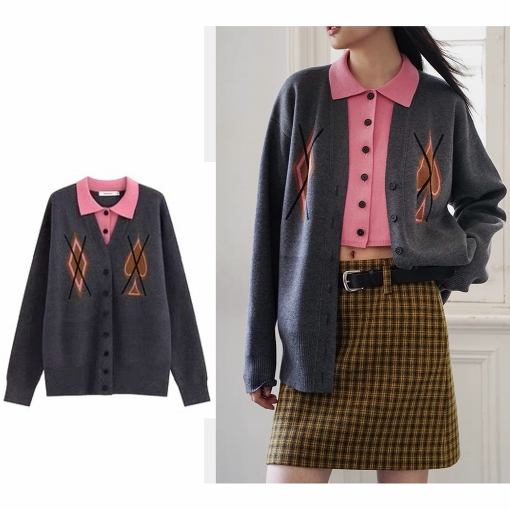 Like New | Unique 2-in-1 Layered Wool Blend Cardigan - Grey/Pink Spade Pattern